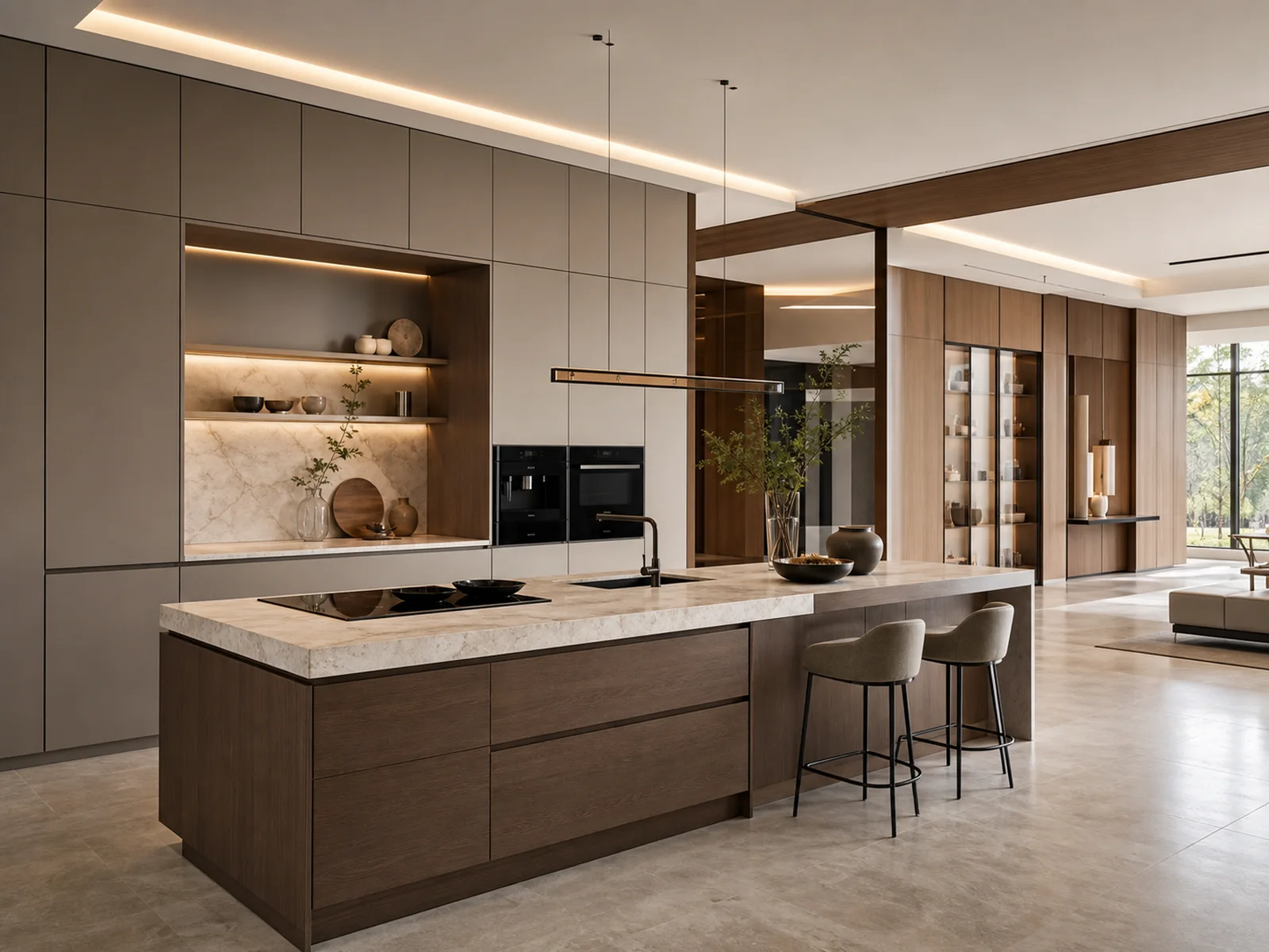 Modern VOGUER kitchen cabinet system with integrated island and wall panels