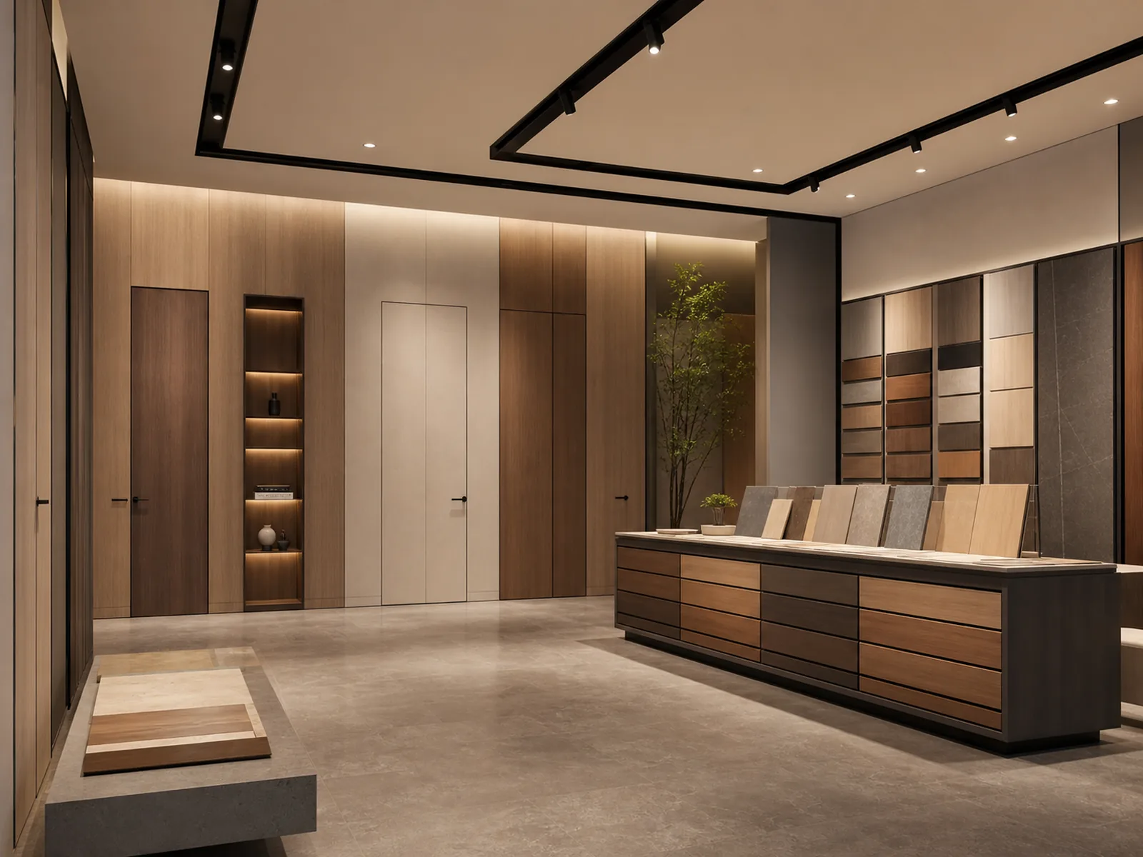 Material showroom for custom cabinet finishes and door wall cabinet solutions