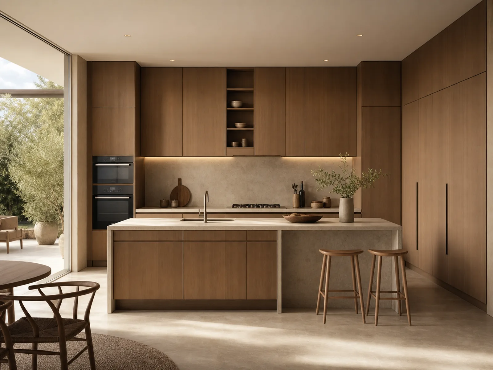 Custom kitchen cabinet manufacturer with warm wood and matte surfaces