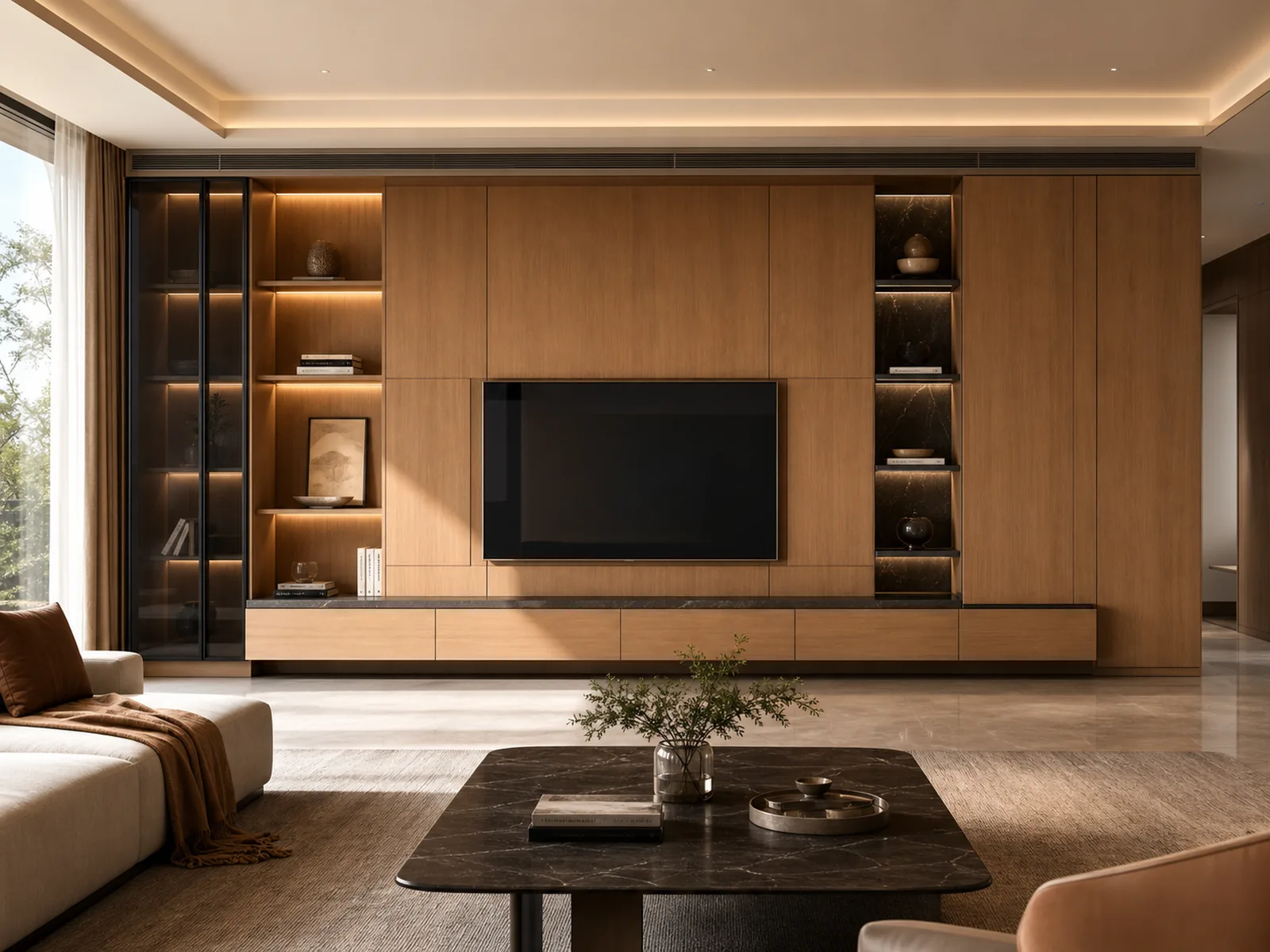 Living room wall panel and TV cabinet solution