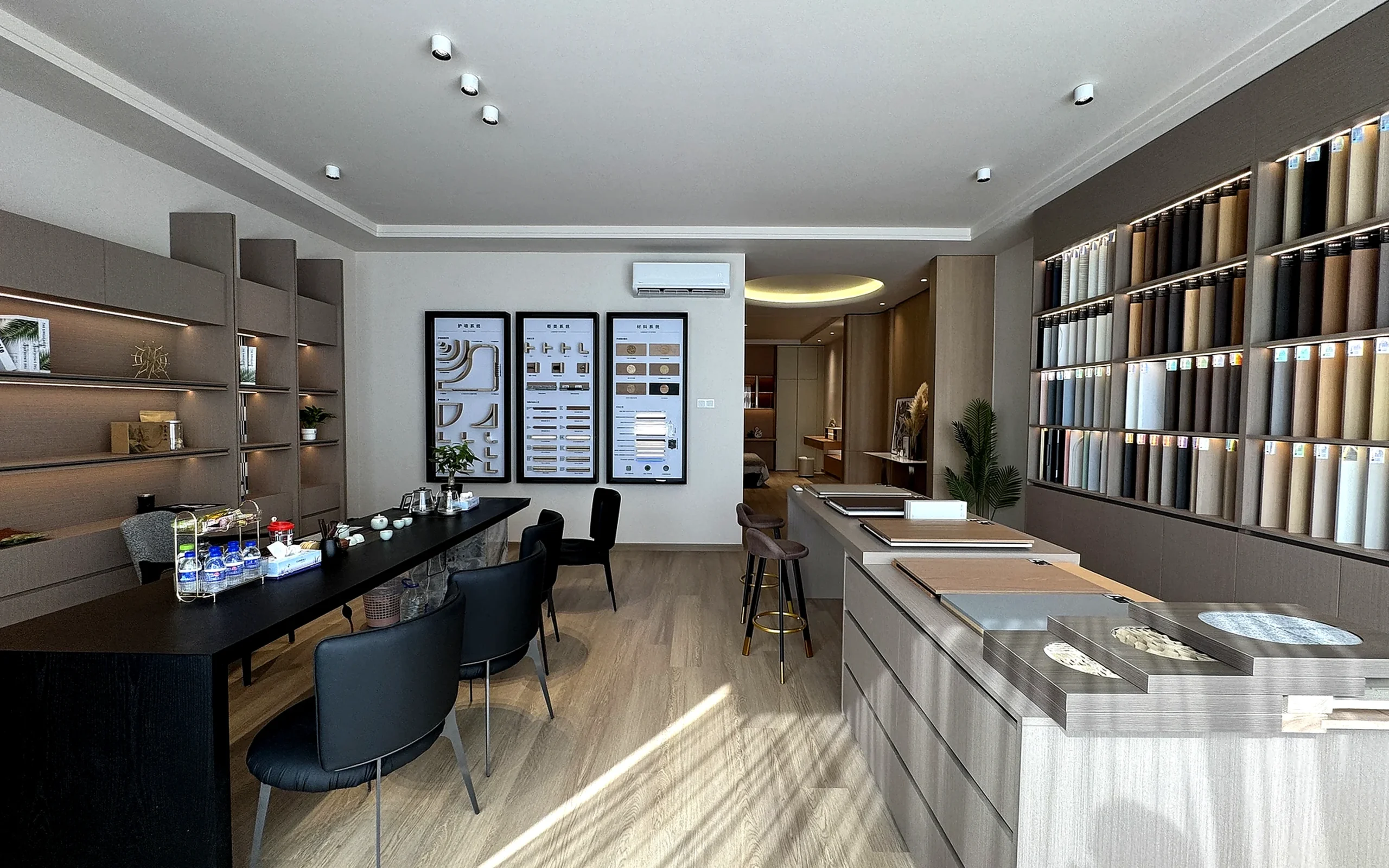 VOGUER material showroom with cabinet samples and wall panel systems